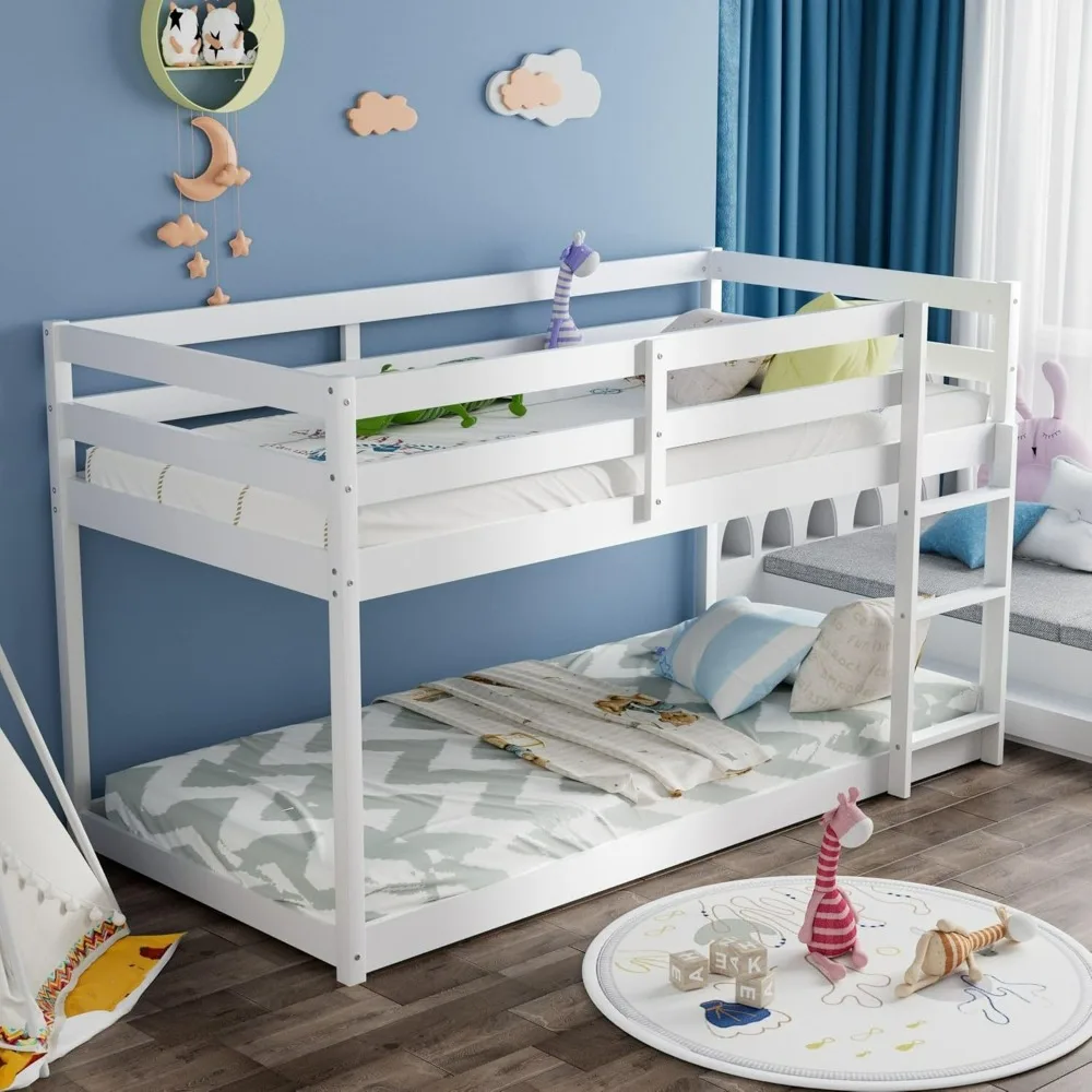 

Twin Over Twin Bunk Bed, Low Floor Twin Bunk Beds Frame with Ladder & Full-Length Guardrail for Childs, Dormitory and Bedroom