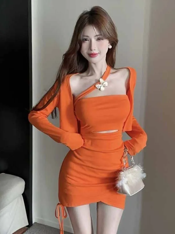 2024 Summer Design Sense Sloping Shoulder Backless Cinching Waist Wrap Hip Strapless Dress+long Sleeve Shawl Short Coat Set OGKP