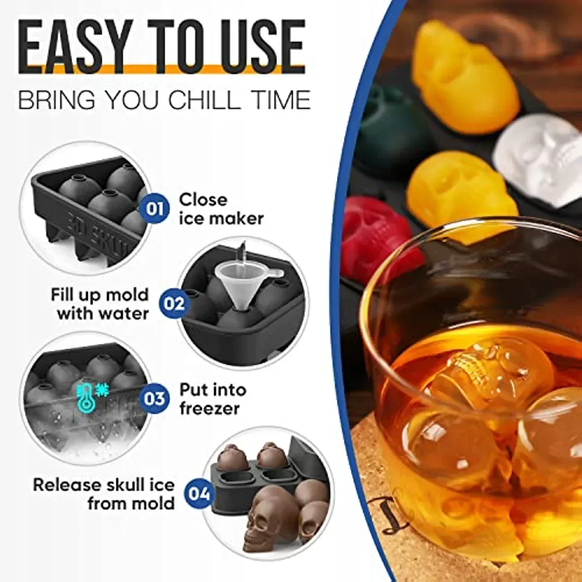 Ice Machine Mold for Whiskey - 10 Cavity Skull Ice Cube Tray with Funnel - Skull Silicone Mold for Baking, Chocolate