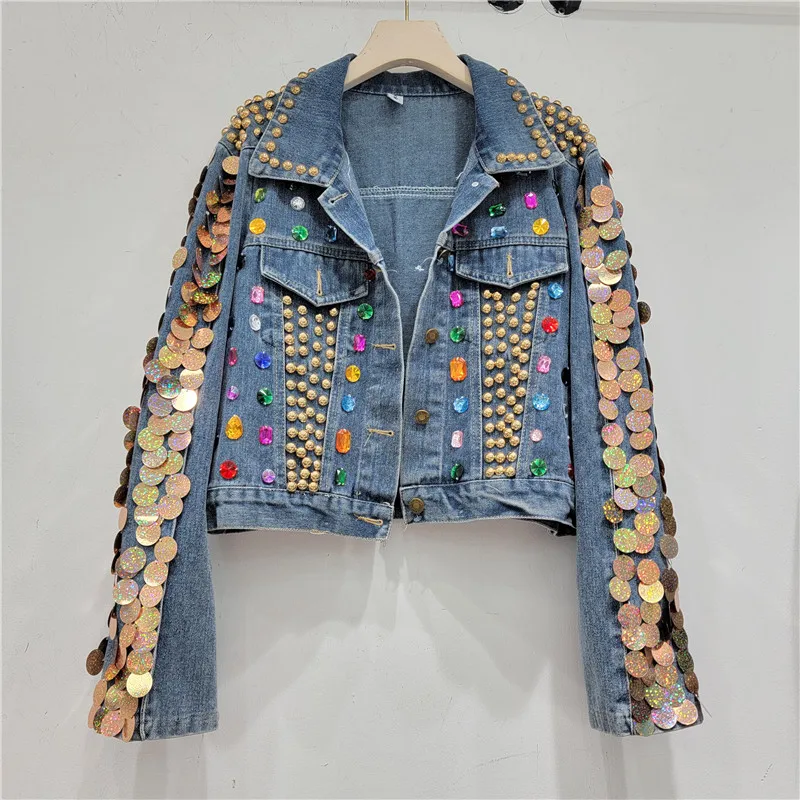 Heavy Industry Rhinestone Loose Casual Denim Short Coat Female 2024 Spring Autumn Fashionable Sequins Lapel Denim Jacket Women