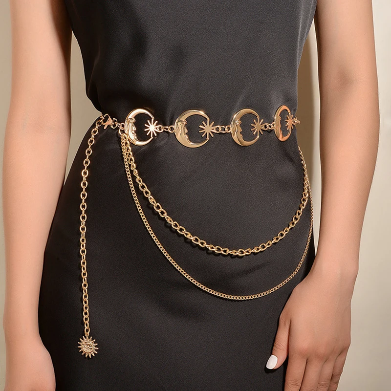 Multilayer Punk Gothic Sun Waist Chain Metal Belts For Women Dress Jewelry Waist Chain Waist Belts