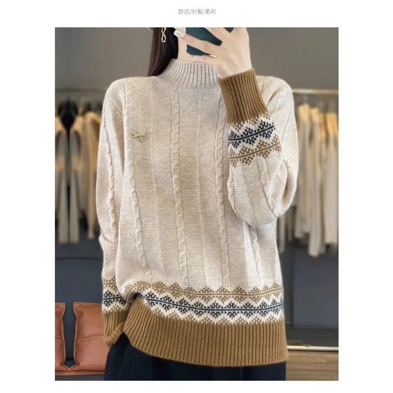 Retro Ethnic Style Jacquard Half-turtleneck Sweater for Women in Autumn and Winter New Loose Inner Layer Base Knitted