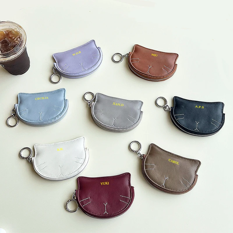 لطيف القط محفظة نسائية للعملات المعدنية الصغيرة مع مفتاح سلسلة اسم مخصص فاخر موضة بنات سماعة الحقيبة جلد طبيعي امرأة حقيبة قلادة سحر