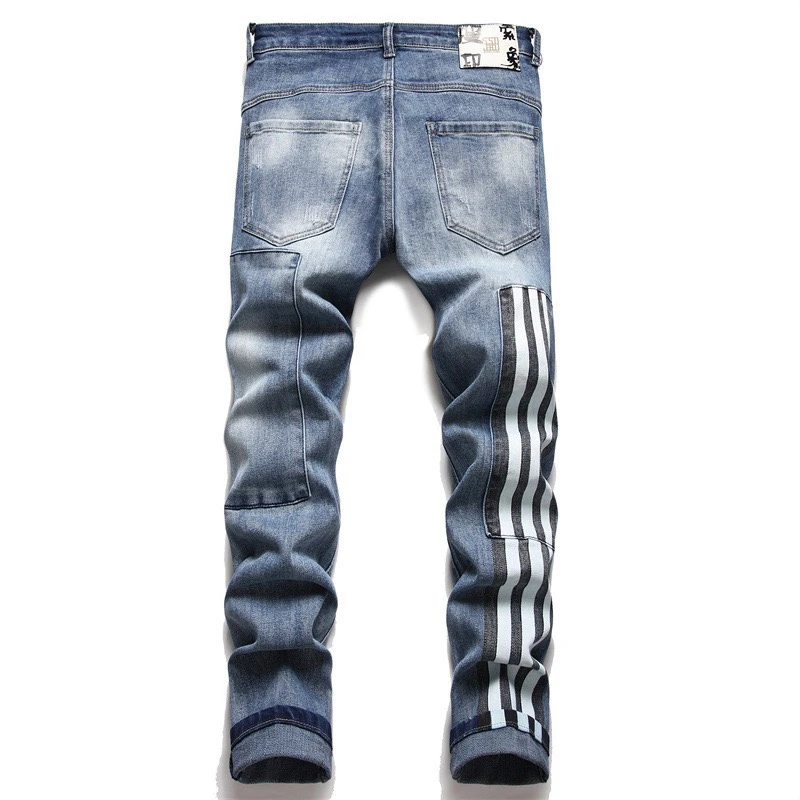 EH·MD Three Straight Stripe Jeans Men's Spring And Summer Stitched Pockets Reflective High-Quality Punk Style Fashionable Zipper