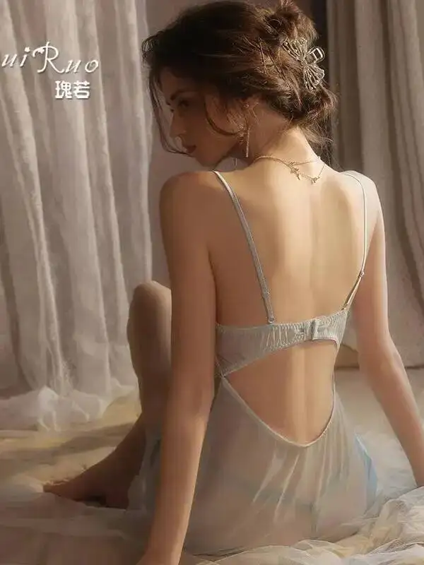 새로운 섹시한 푸시업 언더와이어 라이트 럭셔리 시어 메쉬 드레스 백리스 딥 V 서스펜더 민소매 투명 순수 욕망 Y8UH