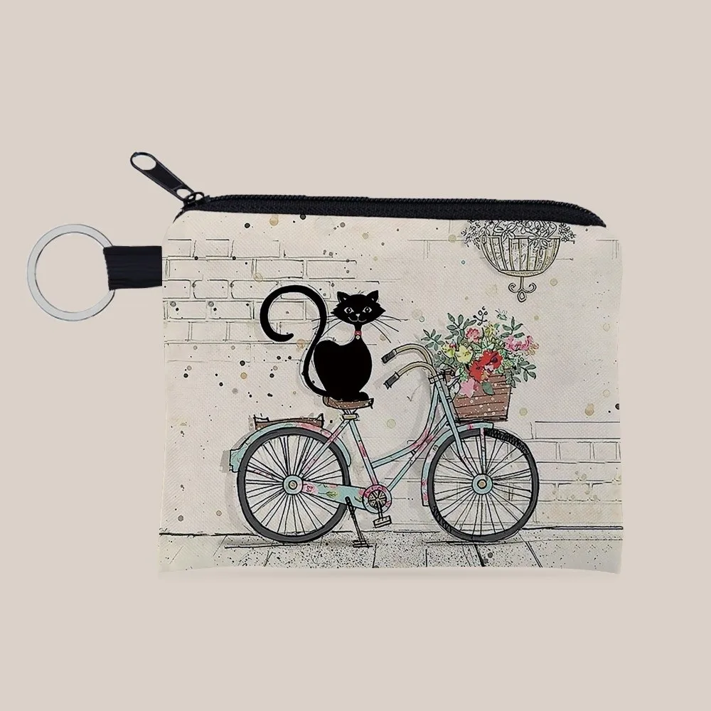 Cute Cat Print Coin Purse Polyester with Zipper Keychain Coin Pouch Portable Square Small Wallet