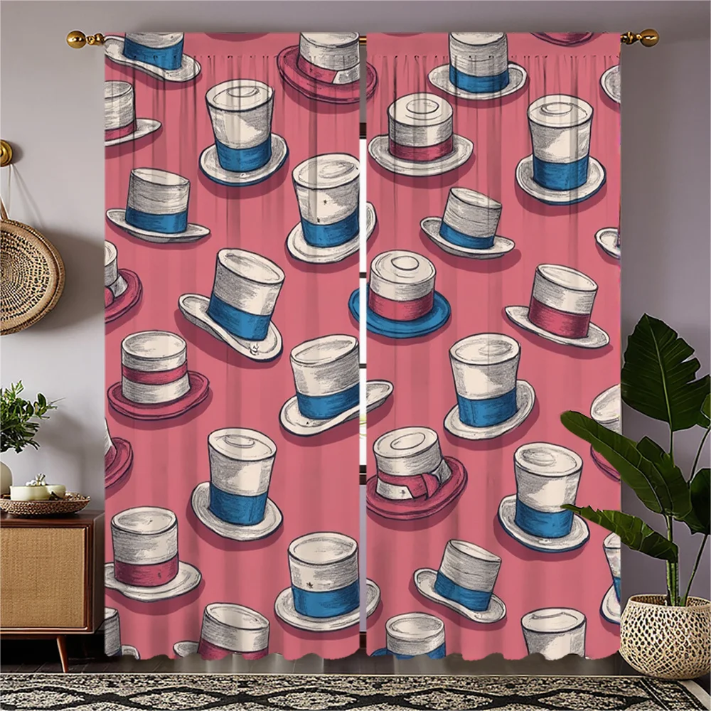 2pcs Whimsical Top Hat Pattern Curtains - Pink Background with Blue & White Hats, Rod Pocket Design, Semi-Transparent Polyester