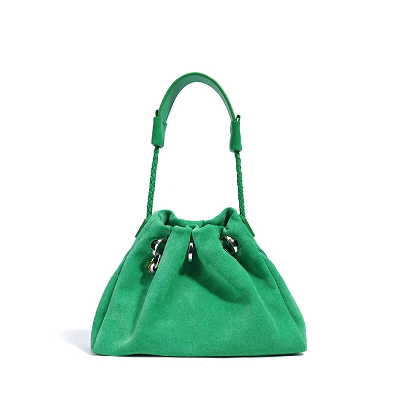 Designer-Umhängetasche aus Rindsleder und Wildleder, Glückshandtasche aus echtem Leder mit Kordelzug, lässige Cloud-Plissee-Umhängetasche für Damen – Detail 16