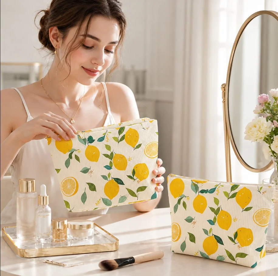 Fresh Lemon Heart-Shaped Makeup Bag Trendy Floral Design Cotton Velveteen Large Capacity Portable Cosmetic Pouch
