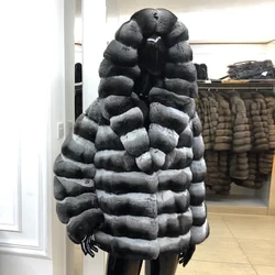 Fur Coat With Hood Women Winter Real Rex Rabbit Fur Coat Short Chinchilla Colored Rabbit Fur Coat Luxury New Arrival