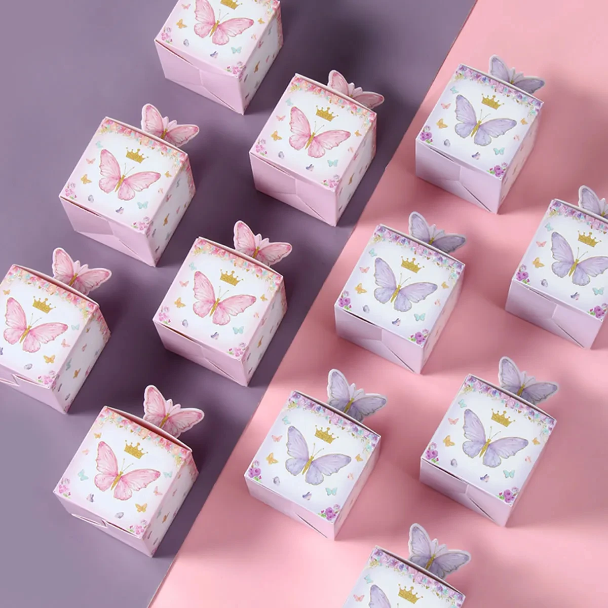 12/24szt Pudełko na cukierki Fioletowy różowy motyl Dekoracje urodzinowe Materiały ślubne Baby Shower Czekoladowe pudełko na ciasteczka Torba na prezent — zdjęcie 3