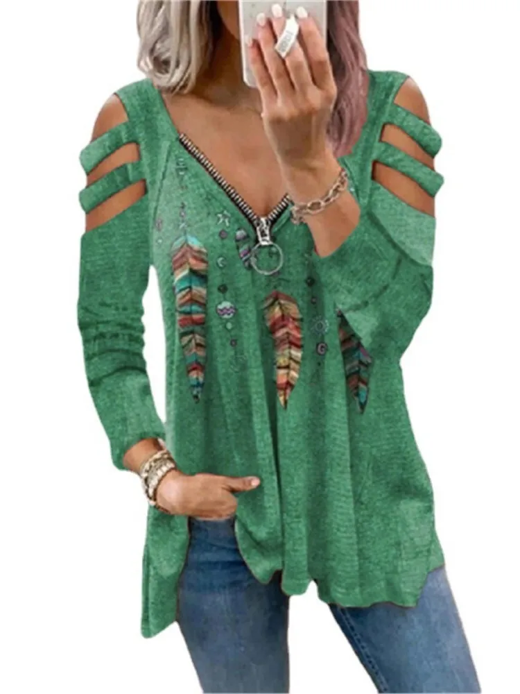 Herbst Winter Neue frauen Fashion Zipper Pullover Druck Sexy V-ausschnitt Off Schulter Lange Ärmeln Lose T-shirt frauen Top