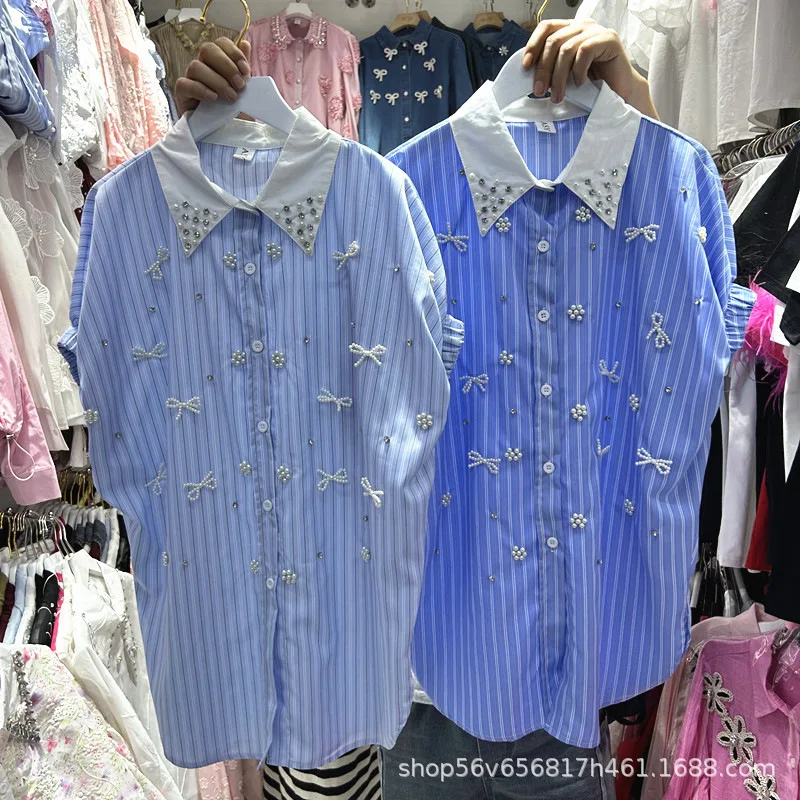 

Women's summer short-sleeved shirt loose fashiona butterfly beadwork top cotton camisas con pedrería mujer