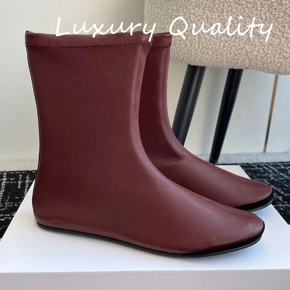 2024 New Women's Elastic boots Solid Color Sheepskin material Square head Flat bottom anti slip Solid Color Casual Boots