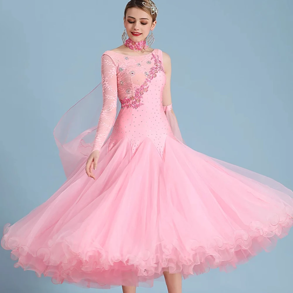 

Waltz dress Green Single Sleeve Rose Red Decal Rhinestone Ballroom Dance Lace Ballroom Ribbon Performance Practice Dress