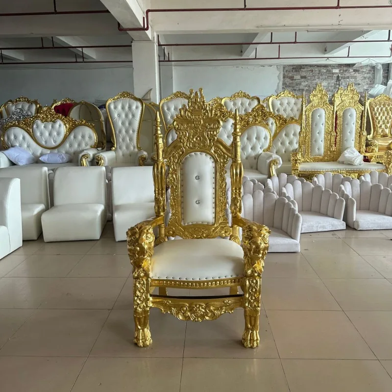 Wedding chair, hotel lobby chair, gold and silver leaf upholstery , children's king , back carved