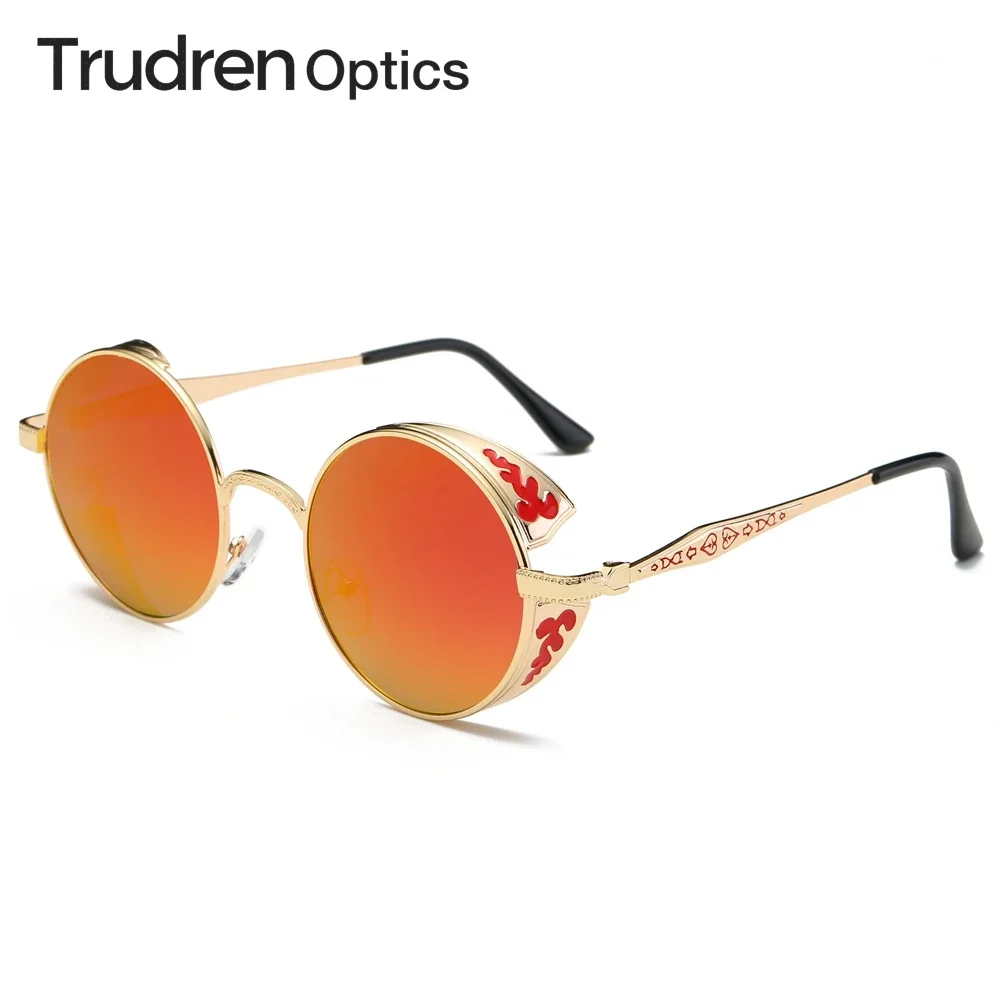 Trudren Unisex Steampunk Round Sunglasses for Men and Women Polarized Sun Glasses with Side Shield Embossed Flame Filigree 1739