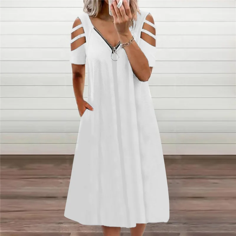 Summer Fashion  V-neck Zipper Dresses Casual Off Shoulder Short Sleeved dress Ladies Fashion Loose  Long Dress with Pockets Part