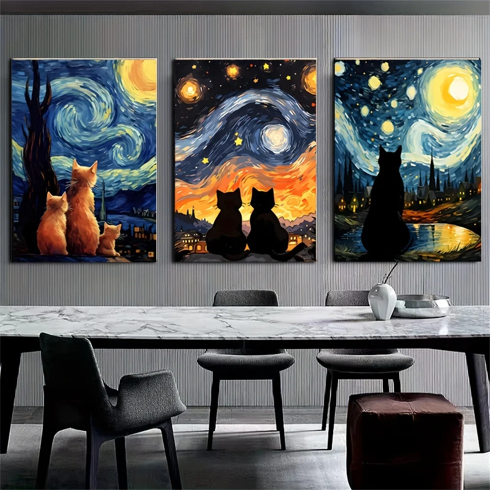3 قطع من المطبوعات الفنية القماشية غير المؤطرة - ليلة فان جوخ المرصعة بالنجوم والقطة السوداء الحديثة لتزيين الحائط على شكل حيوانات لغرفة النوم وغرفة المعيشة والمكتب المنزلي