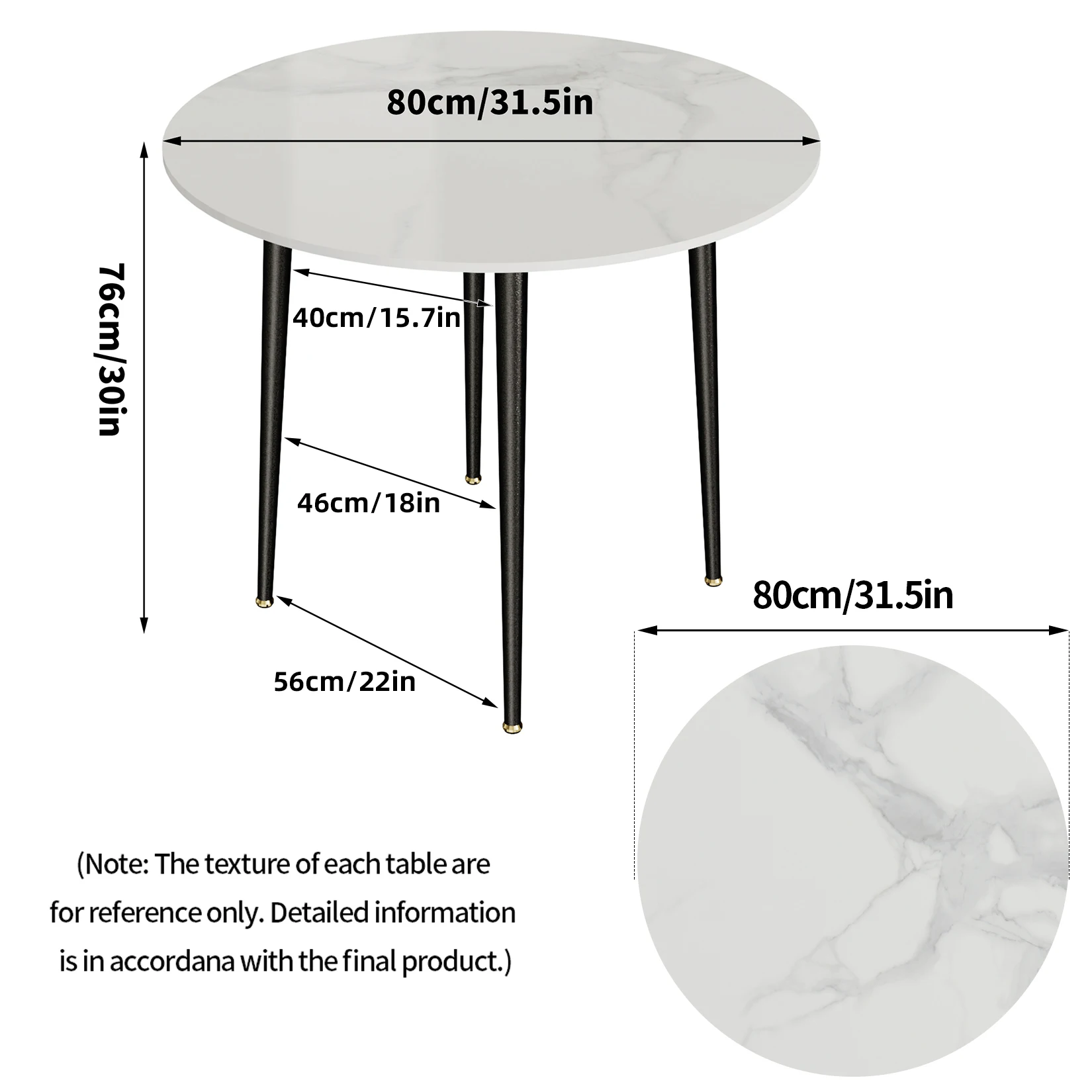 Moderne runde Küche Esstisch Marmorplatte 80cm Durchmesser Wohnzimmer Esszimmer Restaurant Insel Tisch für 4 Sitzplätze