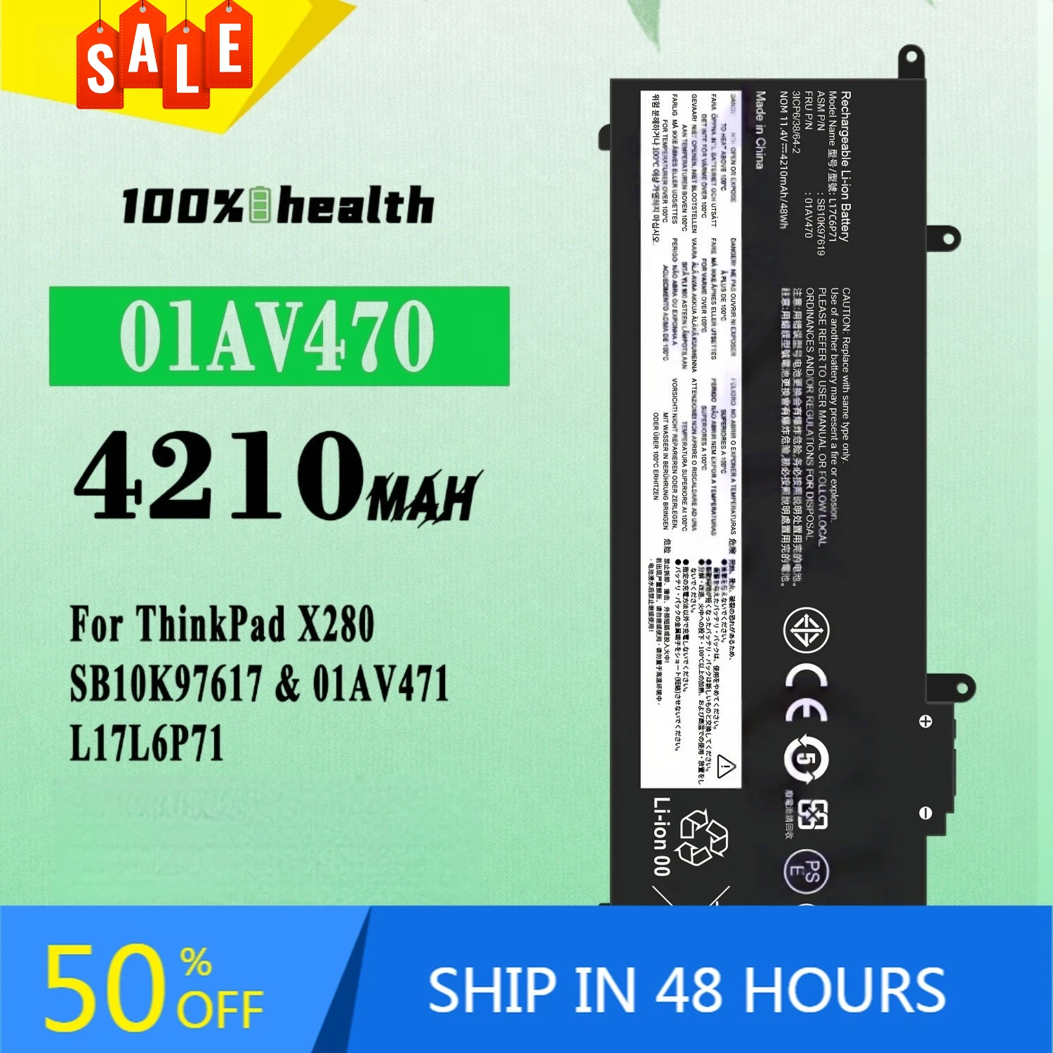 

4210mAh L17L6P71 01AV471 01AV472 97618 Laptop Battery for Lenovo TP00093A ThinkPad X280 SB10K97617 Lithium Rechargeable Battery