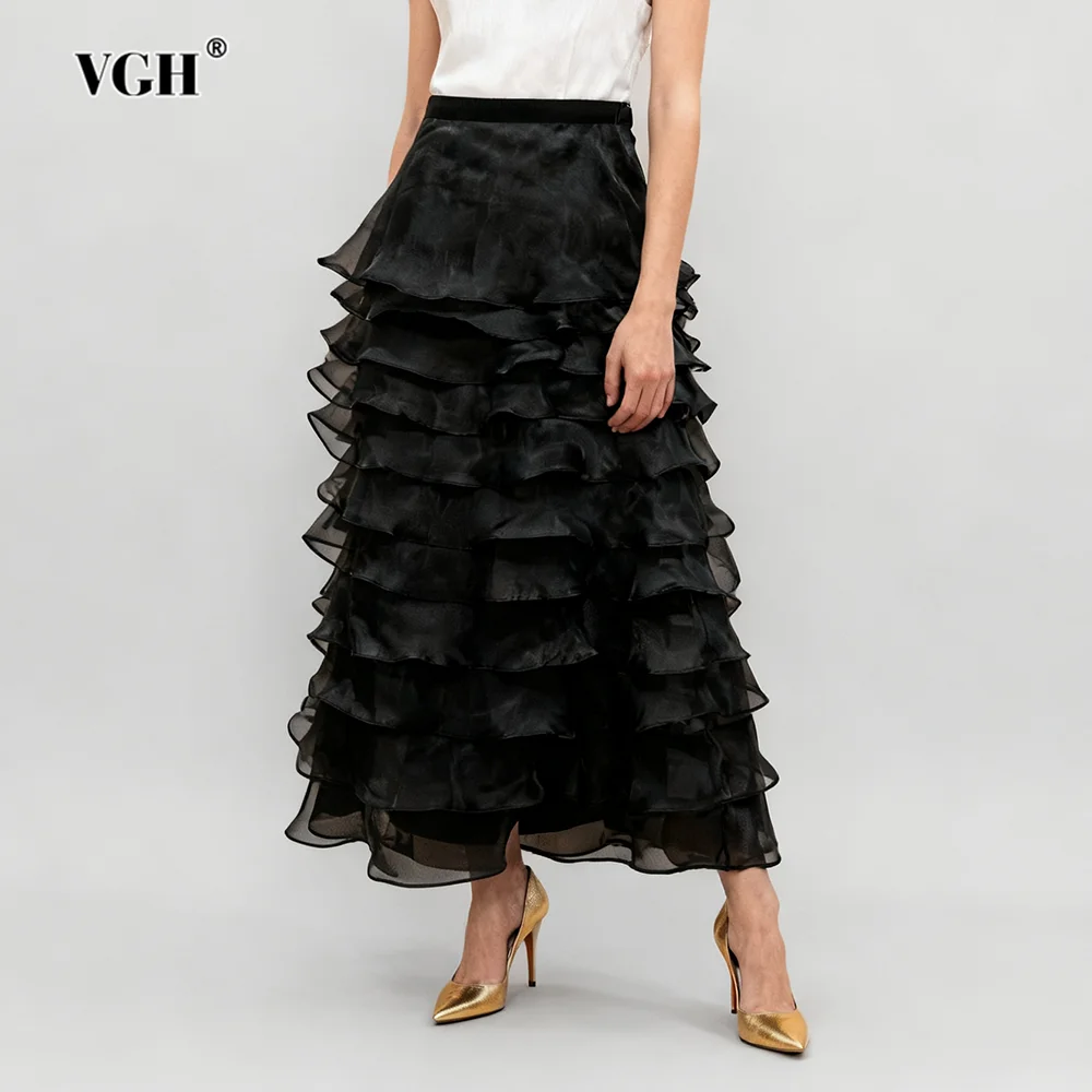 

VGH Black Fashionable Elegant Long Skirt for Women High Waist Spliced Ruffles Temperament Cake Mesh Skirts Female Spring Style