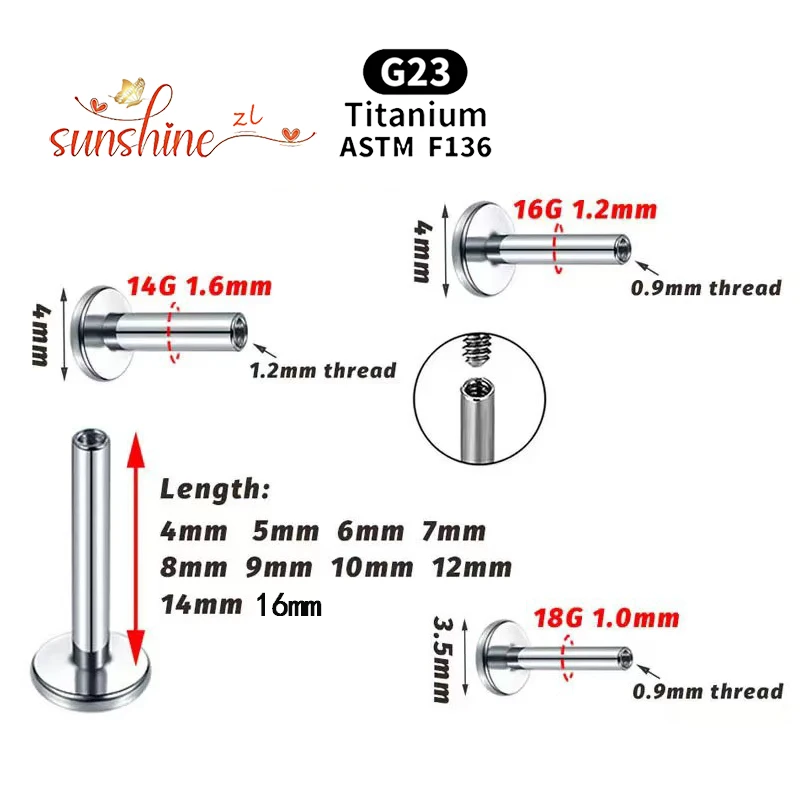 10PCS Labret Studs ASTM F136 Medical Grade Steel 14G 16G 18G 4/18mm Rod Internal Thread Septum Ear Lip Nose Tragus Body Jewelry