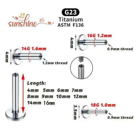 10 PZ ASTM F136 Labret 14G 16G 18G 4/18mm Asta Filettatura Interna Spina Setto Orecchio Labbra Naso Piercing Trago Accessori Dei Monili Del Corpo