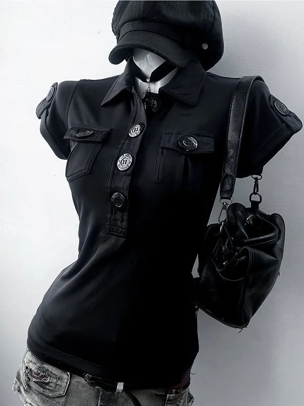 독특한 오리지널 디자인 블랙 반팔 폴로 셔츠 빈티지 스타일 면 티셔츠 여성용 여름 패션 캐주얼웨어