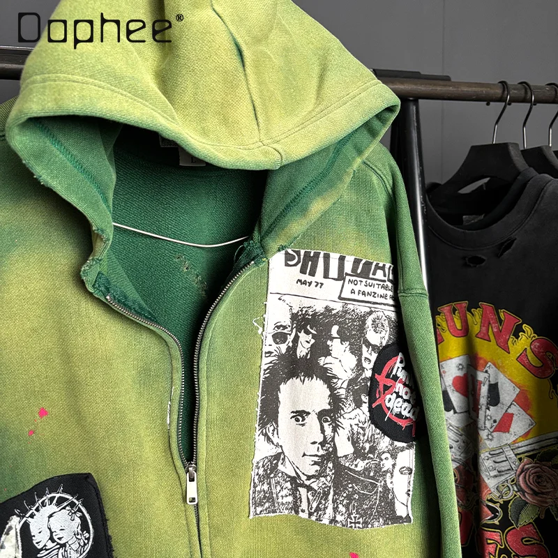 American Hot Girl Rock Print Mid-length Hoodies Women Punk Style Subculture Splicing Hoodie High End Street Trend Zip Up Hoodie