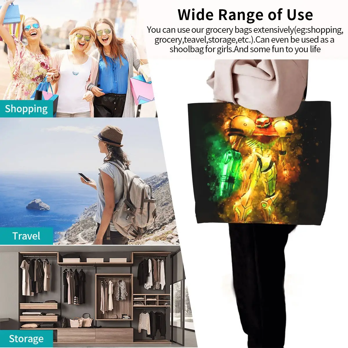 Metroid Samus Aran Prime Hunter (3) Shopping Tote Bag Canvas Large Capacity Shoulder Bags Shopper Grocery Handbag for Women view 6