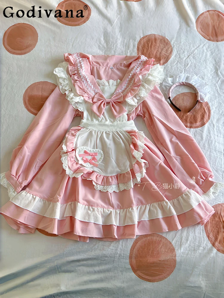 

Large Size L-5XL Pink Cosplay Maid Dress Large Size Lolita Cute Girl Sailor Uniform Long Sleeve A-line Sweet Temperament Dresses