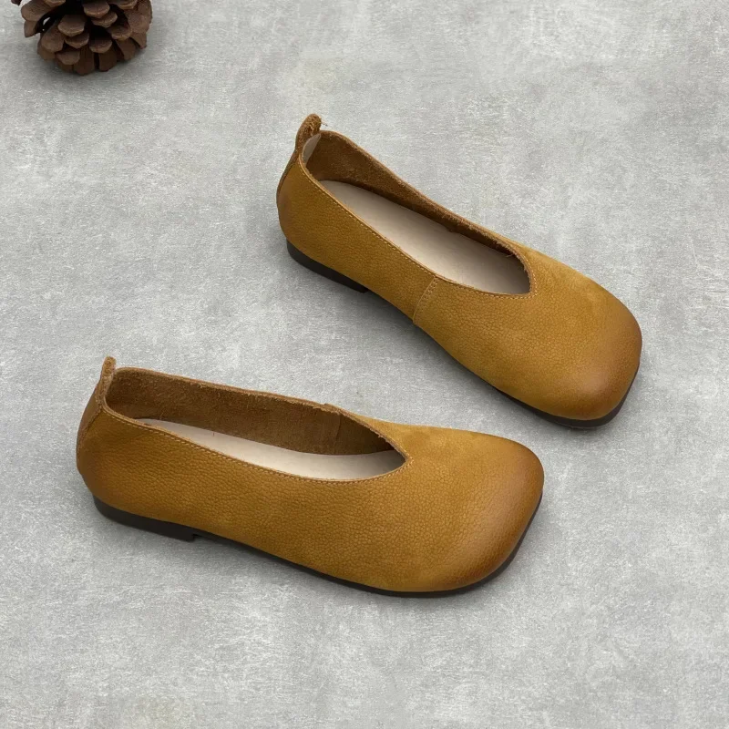 Women's Genuine Leather Shallow Flat Shoes Square Toe Soft Casual Slip-on Loafers Comfortable Vintage Ballet Flats All Season