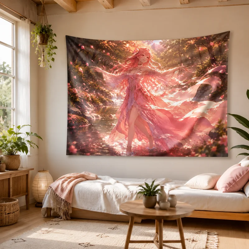 VIKAMA Pink-Haired Flower Fairy Anime Tapestry, Anime Fairy Wall Hanging, Anime-Style Bedroom Decorative Wall Hanging