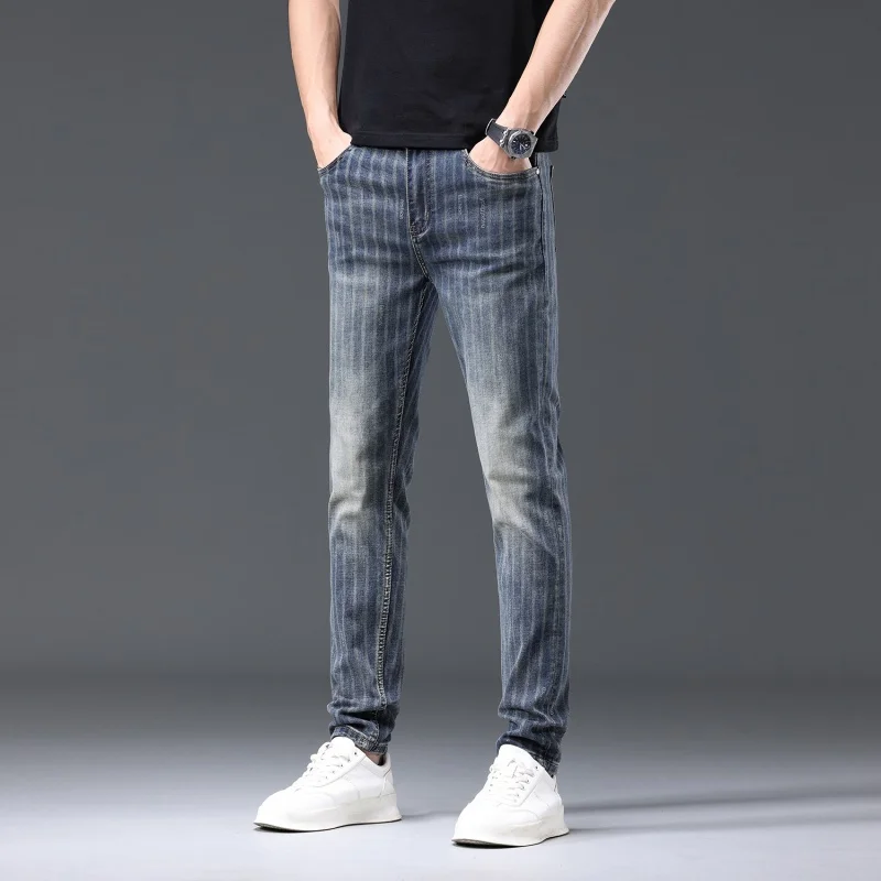 Vintage Blue Line Printed Jeans Men's Slim Straight Stretch All-Matching Street Fashion Casual Skinny Pants