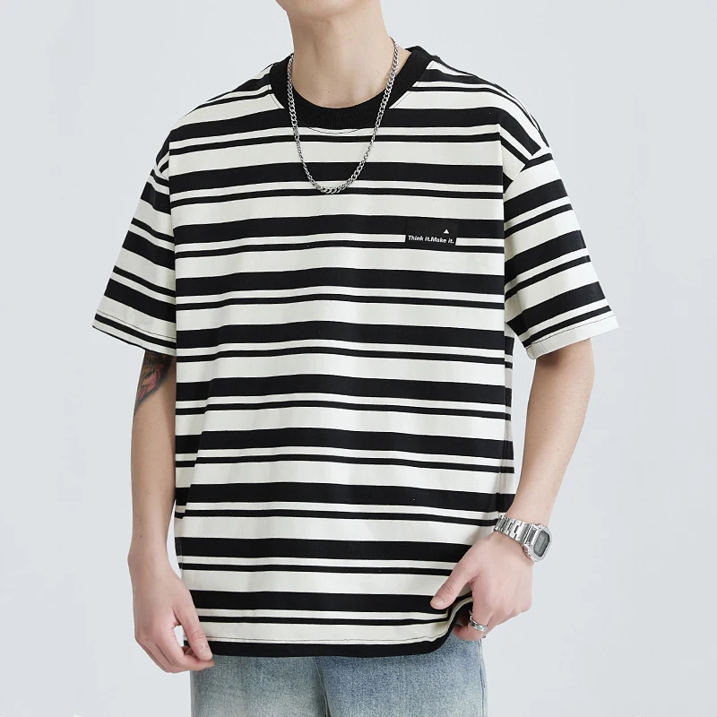 

250G/㎡ Heavyweight Cotton Striped T-shirt Men's Summer Fashion Classical Short Sleeve Tee Unisex Streetwear Ins Daily Casual Top