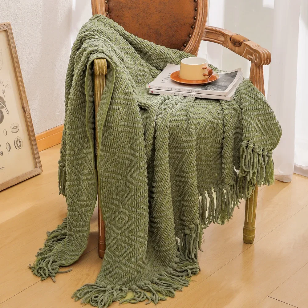 Nordic Blankets for Bed Sofa Couch Chunky Knit Bedspread Knitted Throw Blanket with Tassel Plain Color Waffle Blanket 130x170cm
