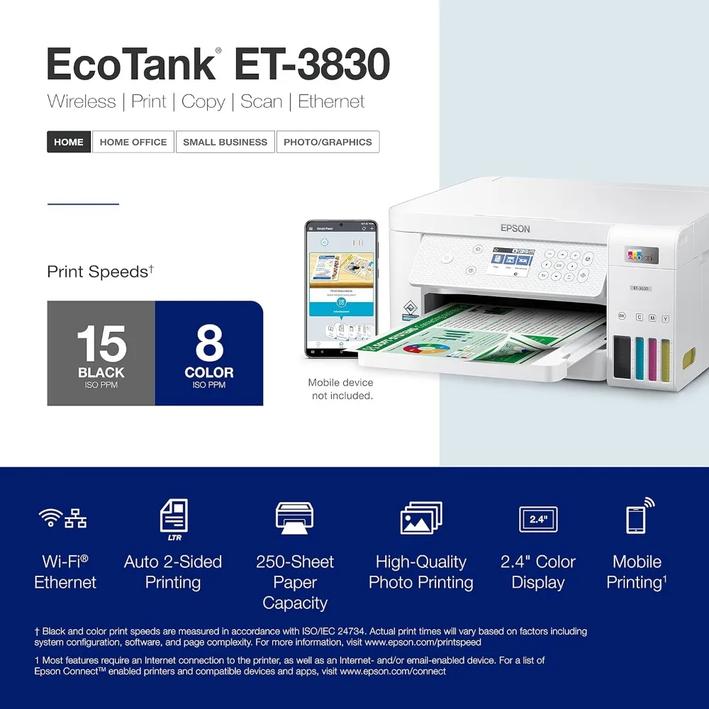 ET-3830 Wireless Color All-in-One Cartridge-Free Supertank Printer with Scan, Copy, Auto 2-Sided Printing and Ethernet