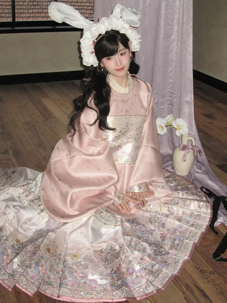 Chinese Style Ming Dynasty Square Collar Jacket Hanfu Horse Face Skirt Jade Rabbit Elegant Generous Fairy Stage Performance