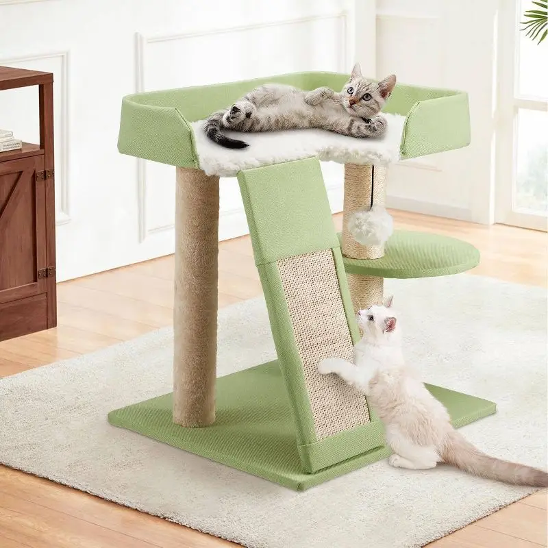 

Modern Cat Tree Tower with Scratching Posts Plush Perch Play Area for Indoor Cats Compact Design Easy Assemble Green