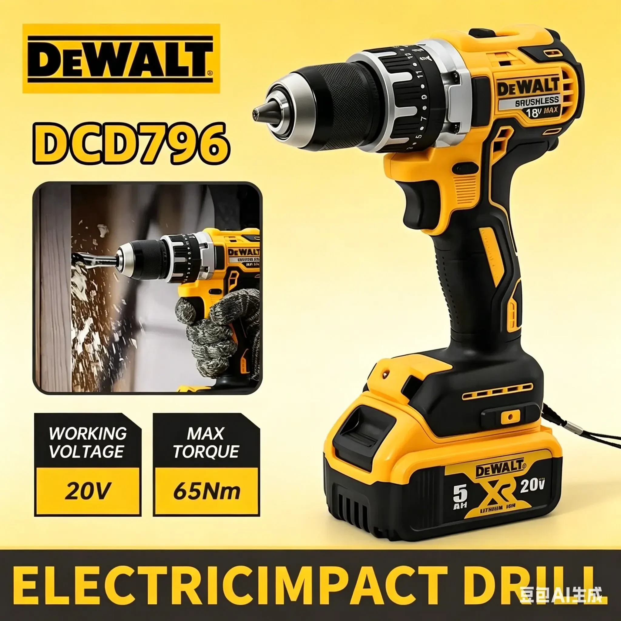 Dewalt DCD796 Cordless Brushless Impact Drill Brushless Drive Compact Drill Rechargeable Portable Power Tools