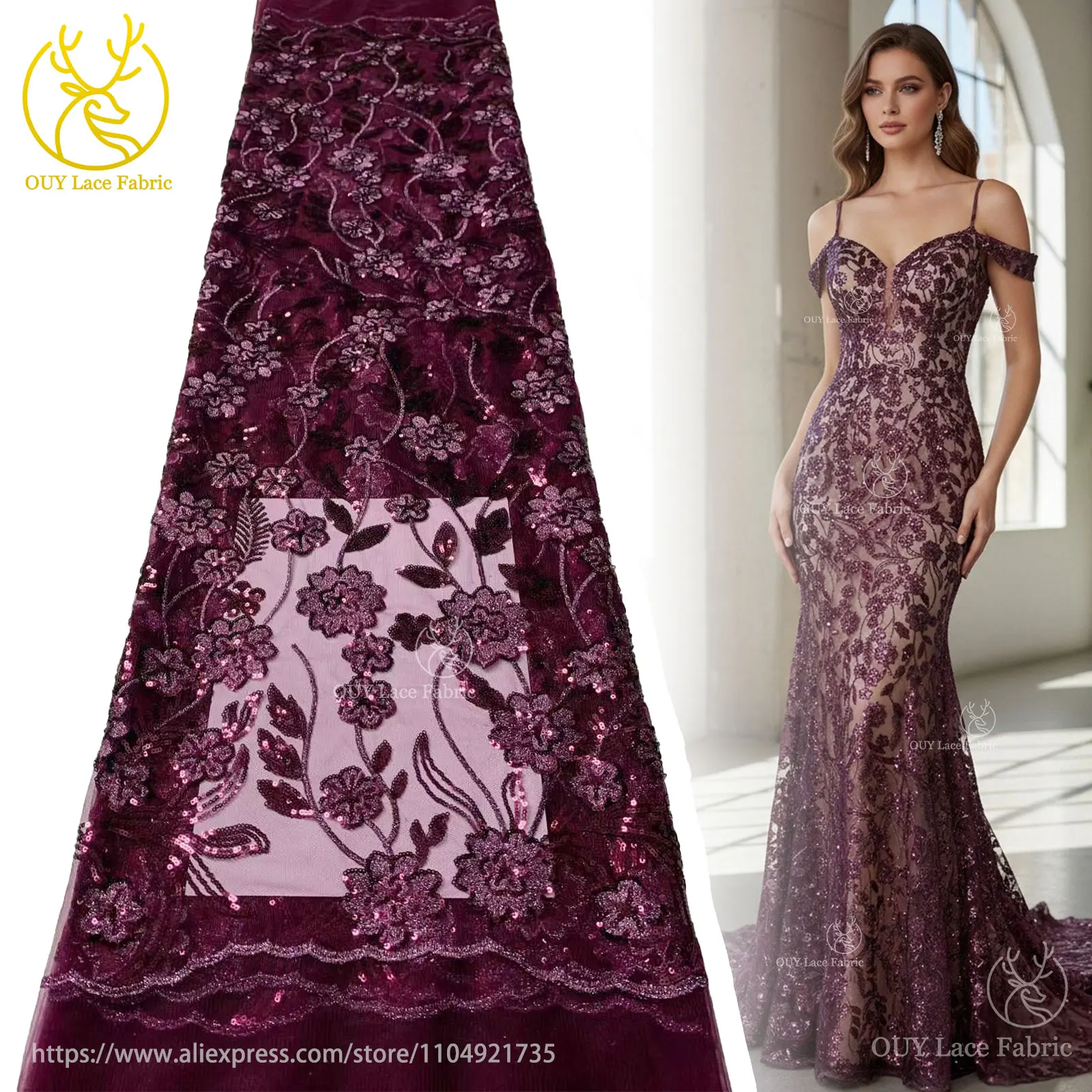 Afrikanische Pailletten Stickerei Spitze Stoff Hohe Qualität Französisch Nigerian Pailletten Tüll Spitze Stoff Damen Kleid Hochzeit Kleid Nähen – Detail 4