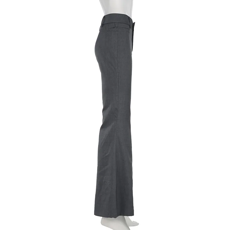 Lucyever Grey Low Waisted Flared Pants Female Y2K High Street Retro Wide Leg Trousers Fashion Slim Pocket Office Lady Suit Pants