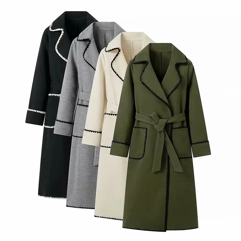 

Autumn Winter Woolen Coat for Women Long Sve Notch Collar Belted Sli Warm Knitted Silk Material Chinese Production
