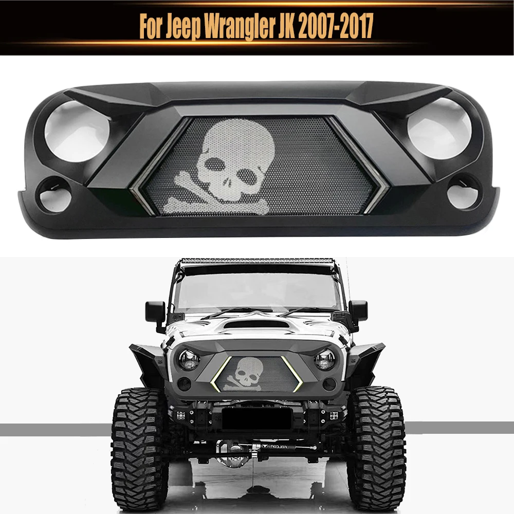 For Jeep Wrangler JK 2007-2017 With DRL Light Car Accessories Front Racing Grills ABS Grill Mesh Raptor Grille Mask Trims Cover