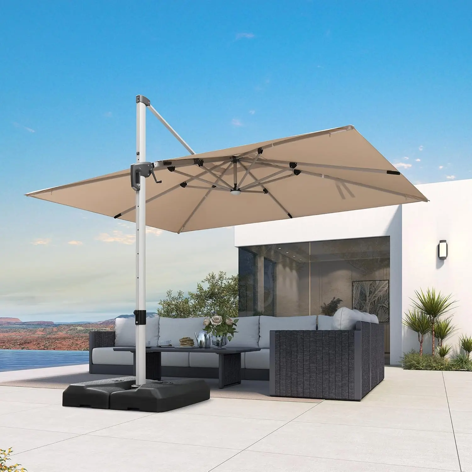 

Patio Umbrella with base 9' X 12' Outdoor Rectangle Cantilever Umbrella Solar Powered LED with 360-degree Rotation, Customized