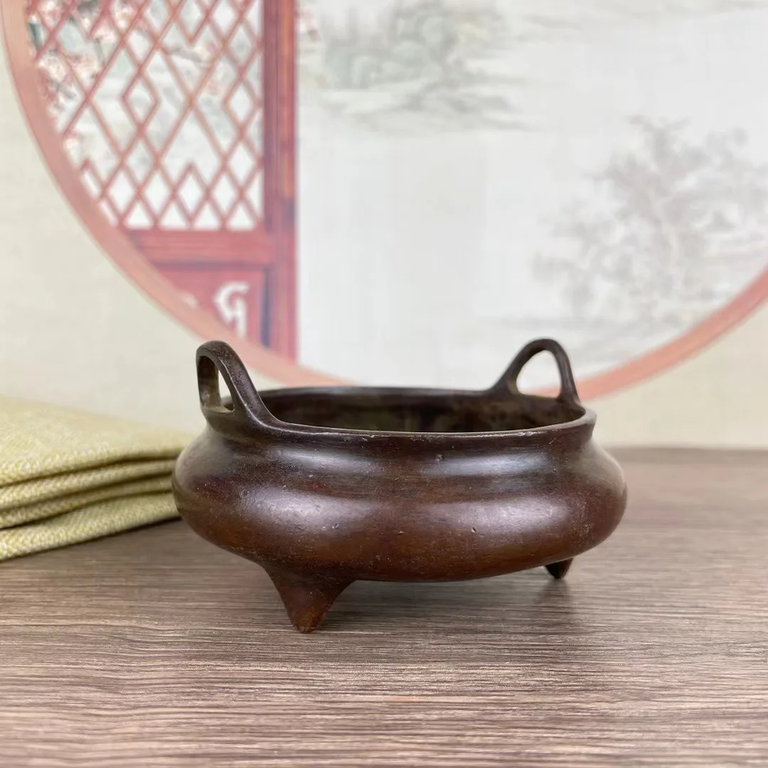 Vintage Bronze Xuande Censer, Three-legged Flared Ear Home Incense Burner, Rural Old Antique Collectible