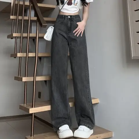 여자 빈티지 넓은 다리 청바지 여자 높은 허리 바지 여성 패션 블랙 블랙 그레이 레트로 블루 라이트 블루 핑크 데님 바지 여자 빈티지 넓은 다리 청바지 여자 높은 허리 바지 여성 패션 블랙 블랙 그레이 레트로 블루 라이트 블루 핑크 데님 바지