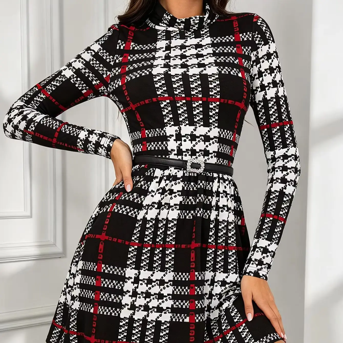 Damen Herbst Winter Vintage Karierter Kleid mit Trichterkragen, Langarm, Elegant, Vielseitig, Lässig, Party-Midikleid – Detail 1