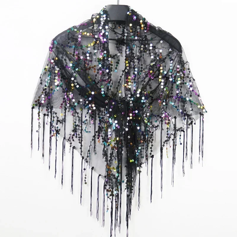 Summer Sequins Tassels Poncho Women Coat Party Outfits Cape Mesh Jacket Ladies Cloak Shawls Casaco Outerwear Wraps Woman Clothes